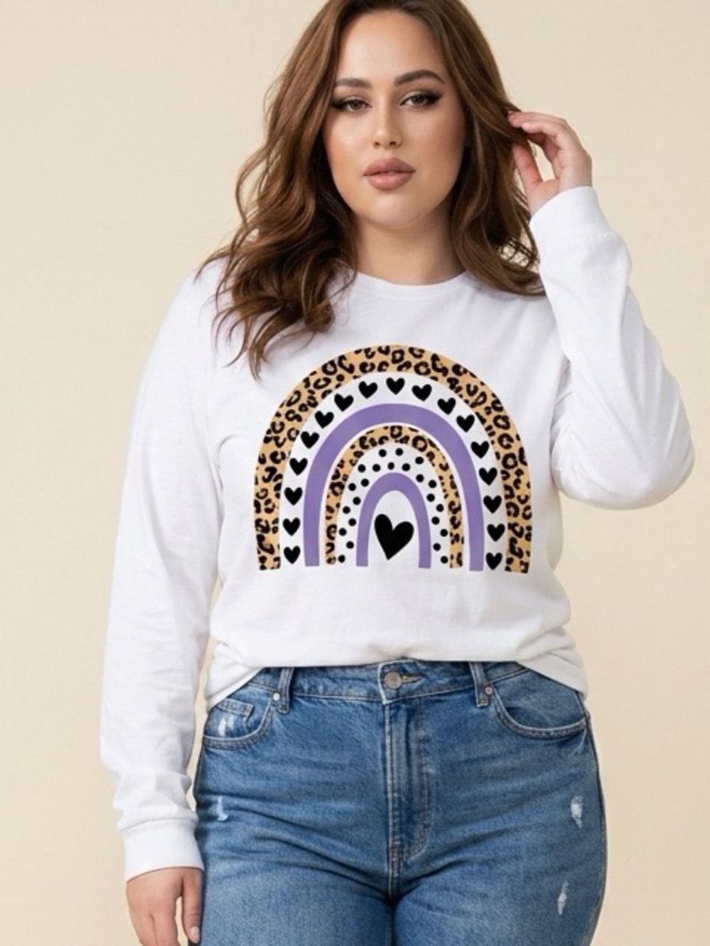 White Long-Sleeve Graphic Sweatshirt with Leopard Rainbow Print